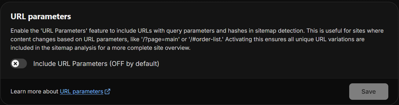 Screenshot of the URL parameters, showing the toggle switch to enable them and a description of their function.