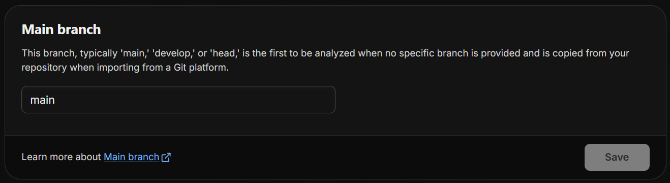 Screenshot of the main branch page in Level CI, displaying the name of the branch and naming parameters.