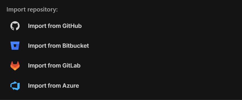 Screenshot of the import repository list in Level CI, displaying the available git hosts for importing.