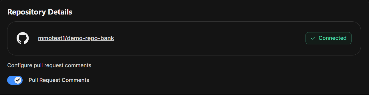 Screenshot of the repository details page, showing the name of the repository, status and pull request comments.