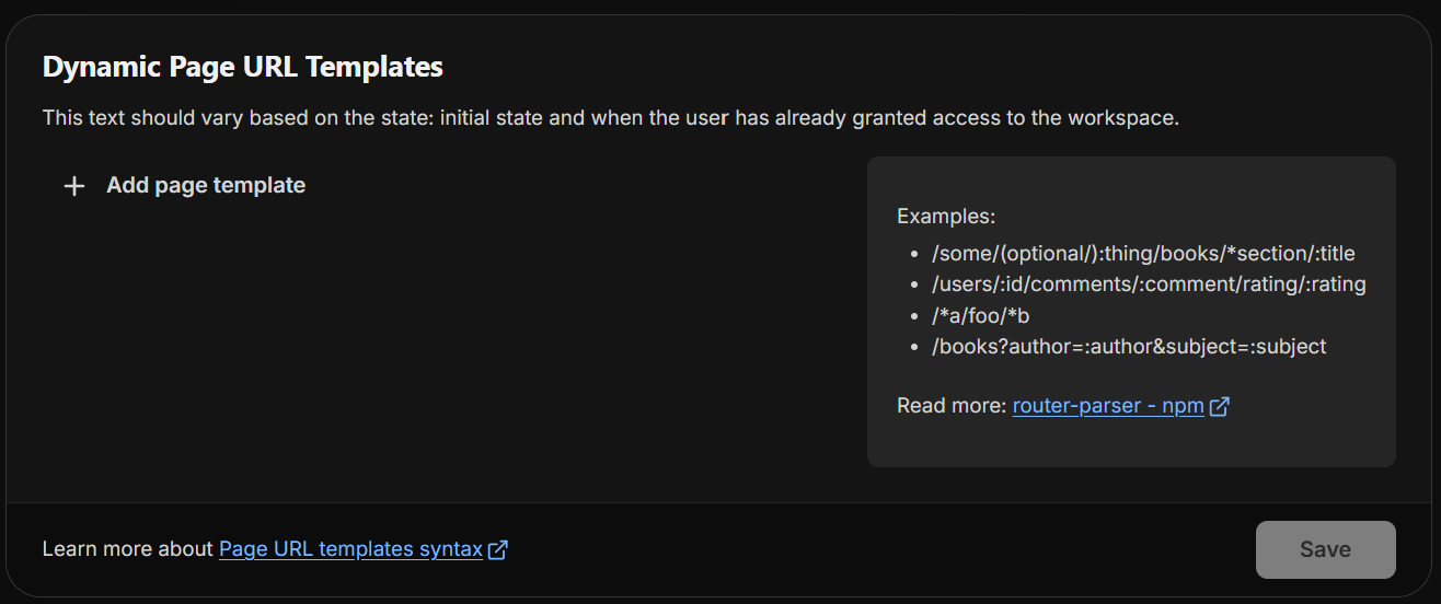 Screenshot of the dynamic page url templates, showing available templates to use and the option to add them.