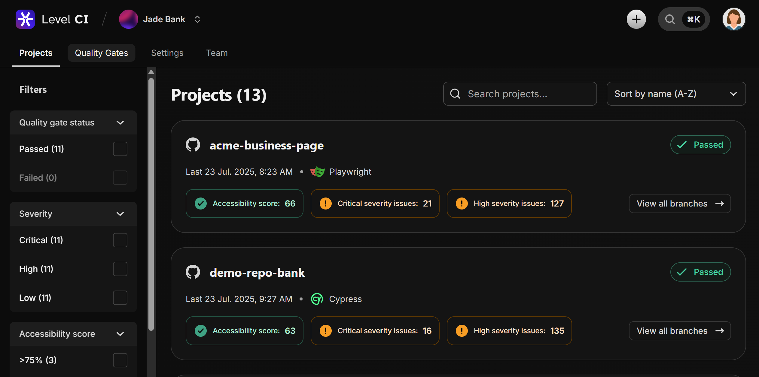 Screenshot of the Level CI projects page.
