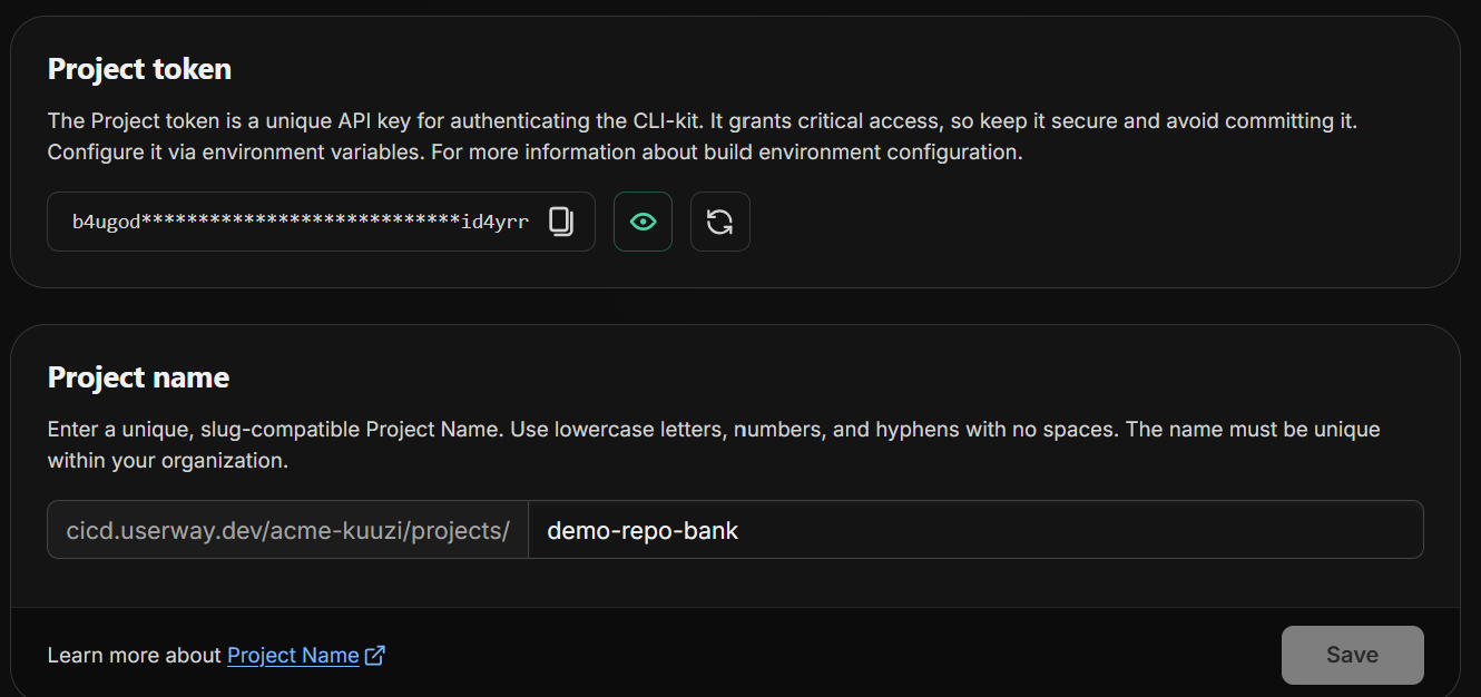 Screenshot of the project token page in Level CI, displaying the project token for the CLI-kit and project name.