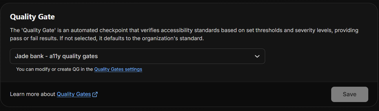 Screenshot of the quality gate page, showing details of the selected gate for the project.