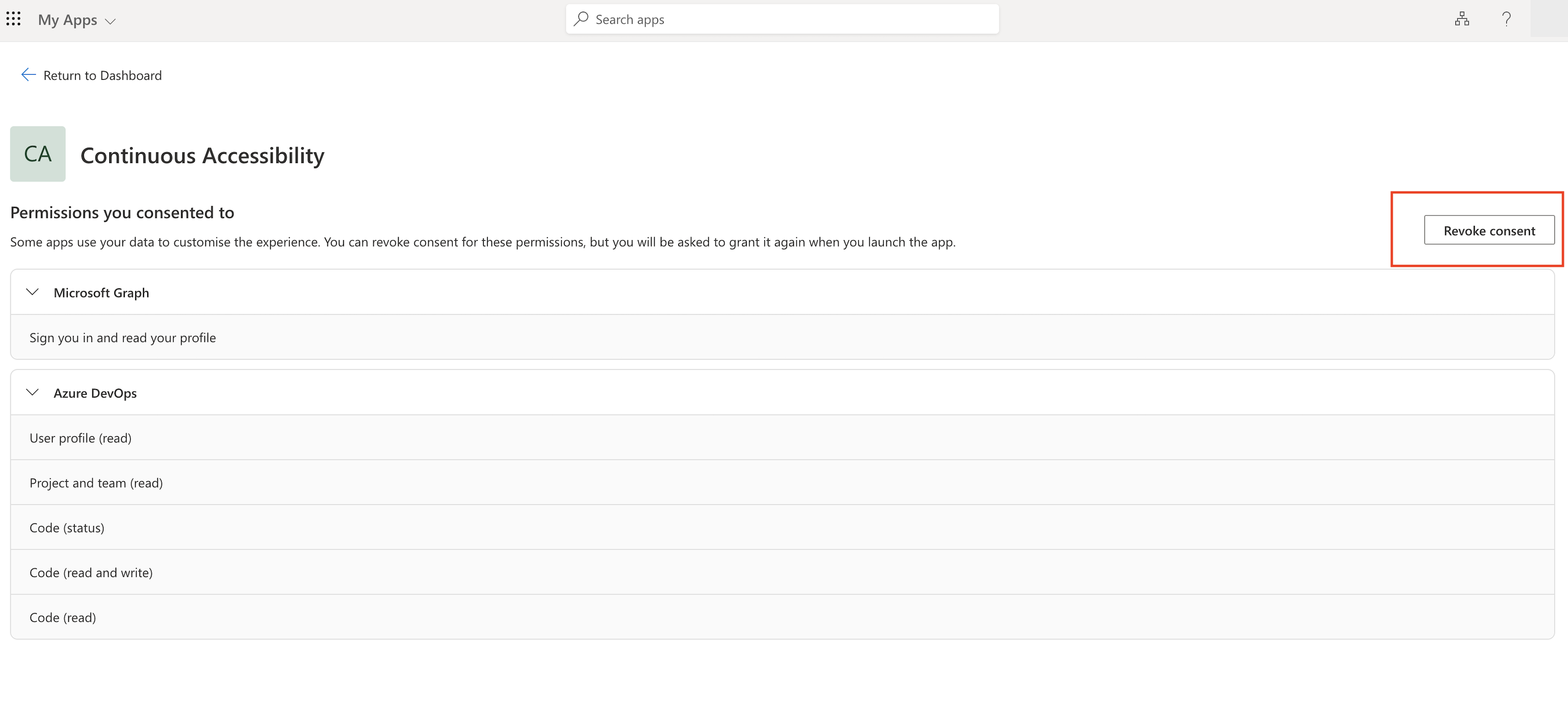 📸 Screenshot: My Apps portal with revoke option