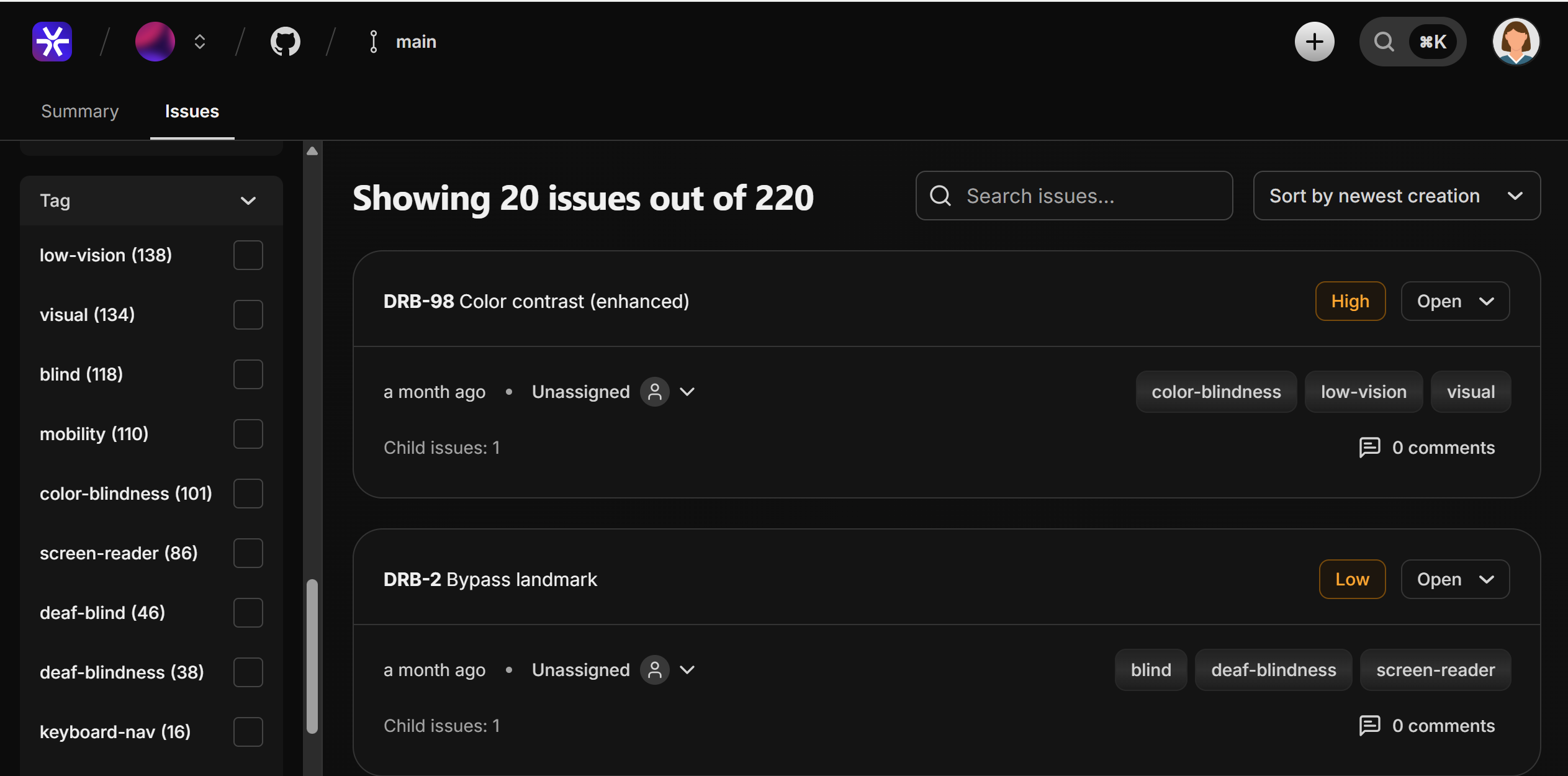 Screenshot of the continuous accessibility portal, displaying a list of issues found by the tool.