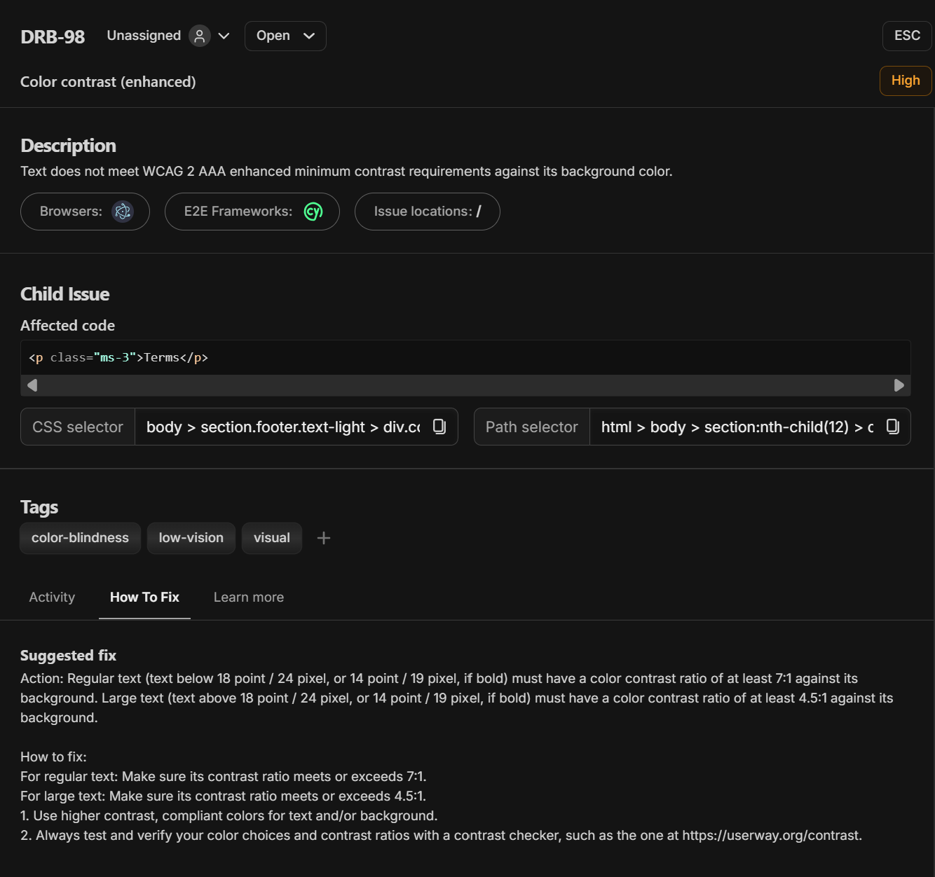 Screenshot of an issue details page, showing a description, suggested fixes and affected code of the issue.